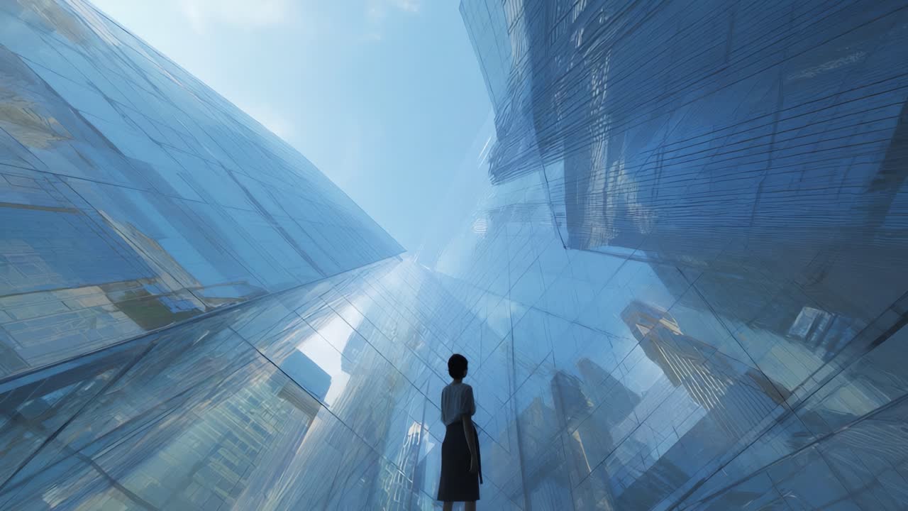 Una figura solitaria se alza en la intersección de imponentes estructuras de cristal, contemplando el extenso cielo, rodeada de los reflejos y la transparencia de la arquitectura moderna.