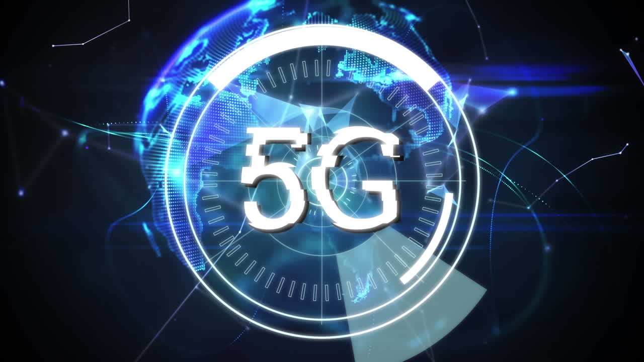 5g scritto in mezzo a cerchi futuristici e forme astratte