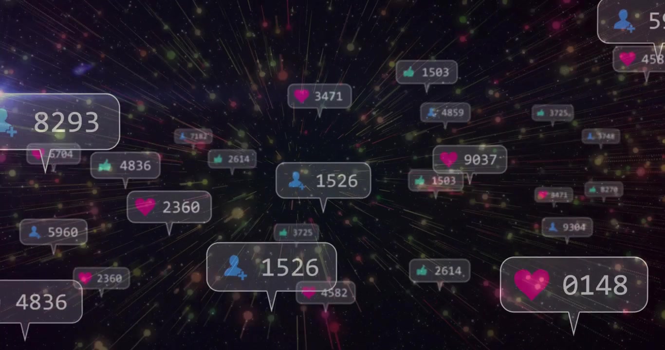 Flydende gennemsigtige chatbobler strømmer gennem kosmisk rum med lysstriber og tællere.