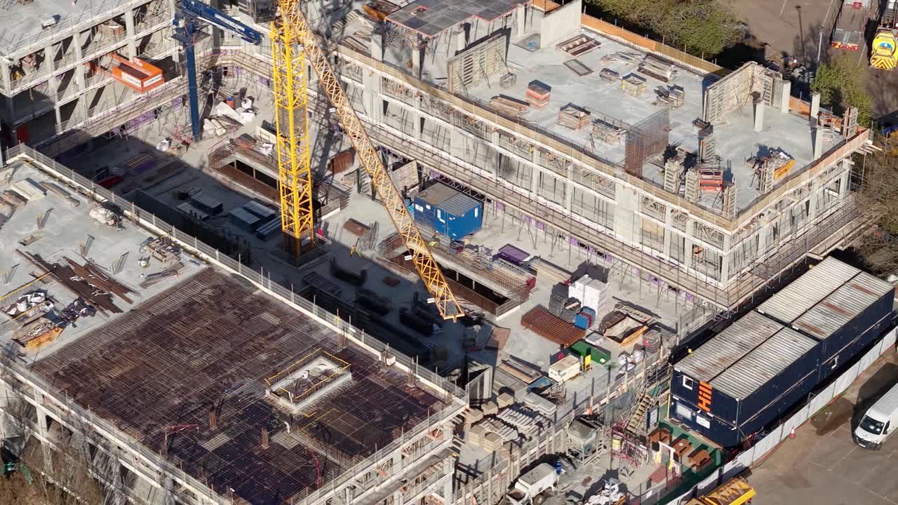 Aerial view circling steel crane on Wheat quarter construction site Welwyn garden city development