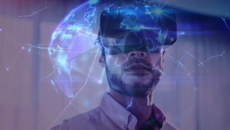 animación de la red de conexiones y el globo sobre el hombre de negocios que usa auriculares vr