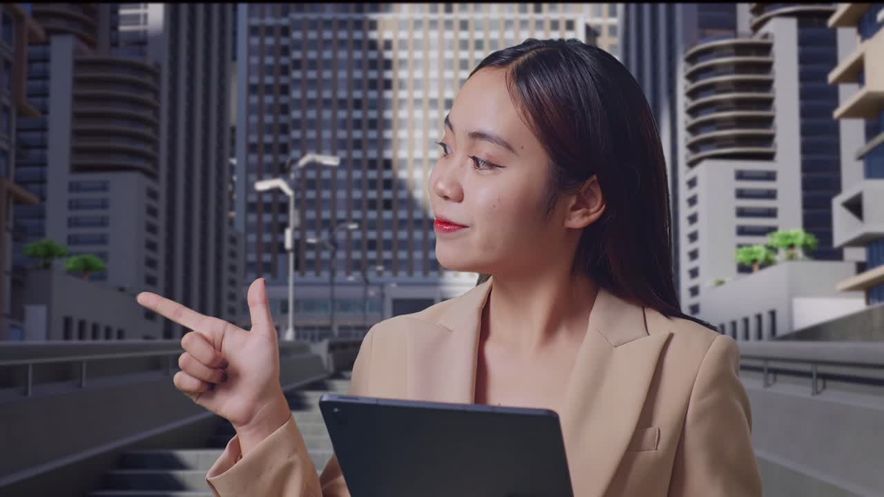 도시 건물 앞 에 태블릿 을 들고 있는 오른쪽 을 가리키는 사업가