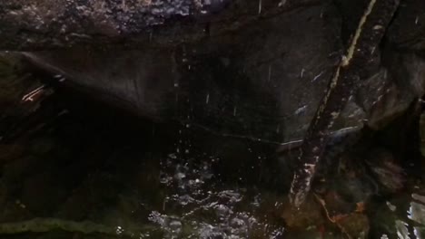 slow motion footage of water droplets, running water, trickles, splashes, drops, and waterfalls surrounded by rock and other hard earthen material