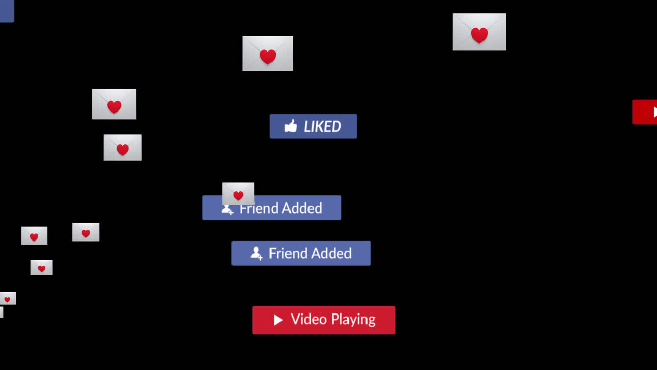 Animation of falling social media icons over dark background
