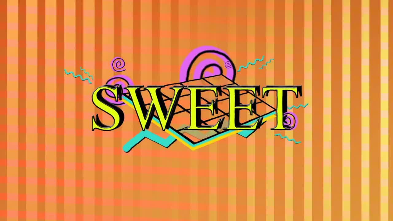 animación de texto dulce en amarillo con formas geométricas coloridas sobre rayas naranjas fluctuantes