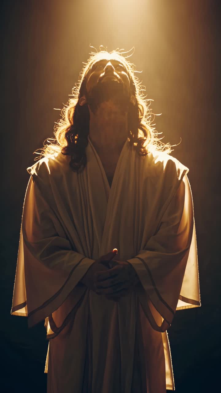 A heavenly video scene with a backlit figure in flowing robes, captured from a low angle