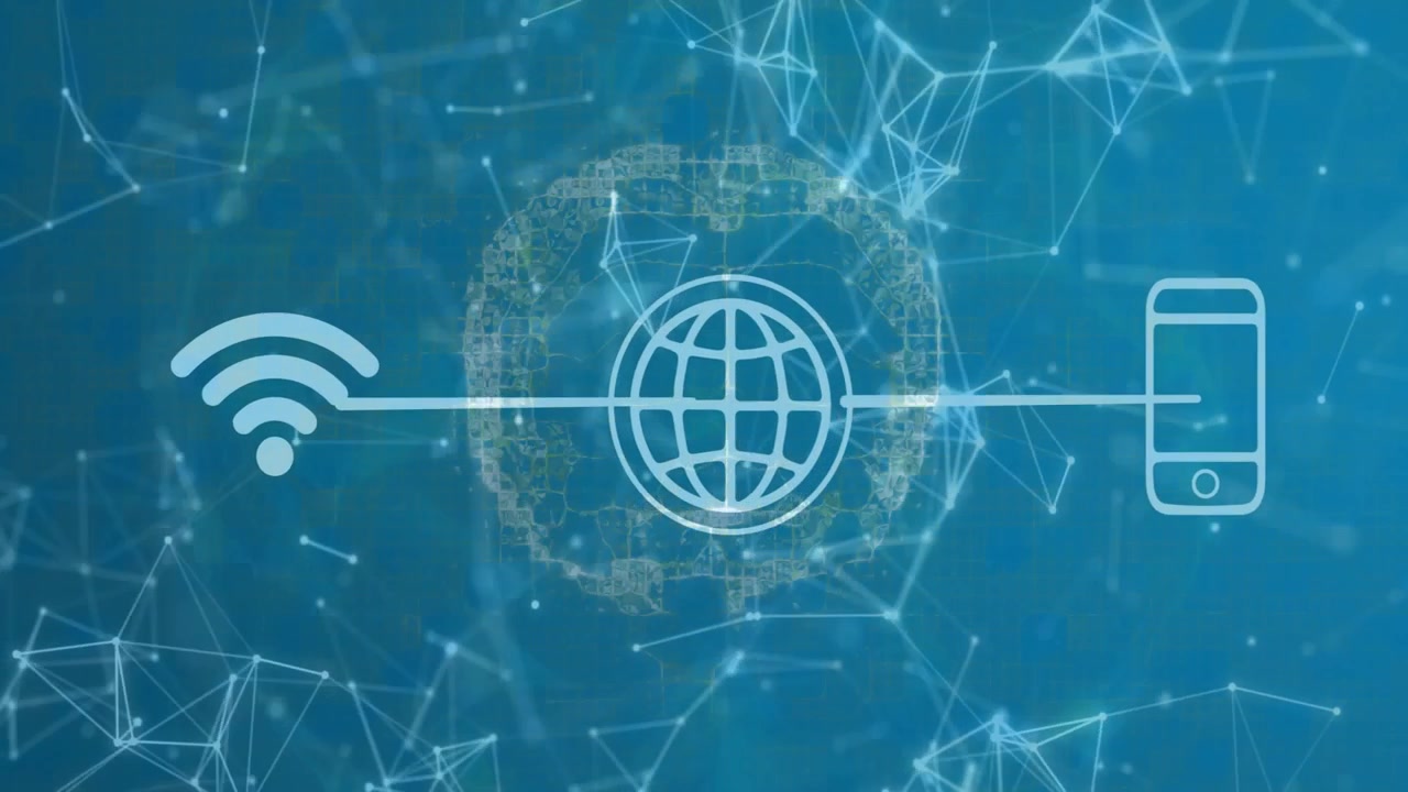 After one second golden particles coalescing around globe on line linking icons, showing data flow