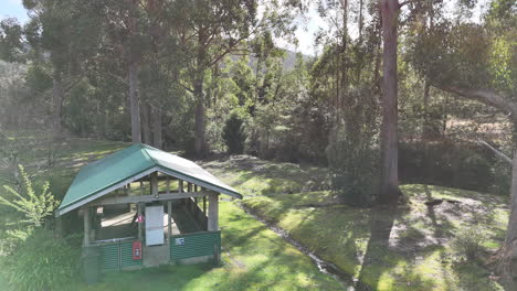a rustic camp kitchen is set in a lush forest clearing. surrounded by tall trees, the area offers a serene environment ideal for cooking and enjoying meals outdoors.