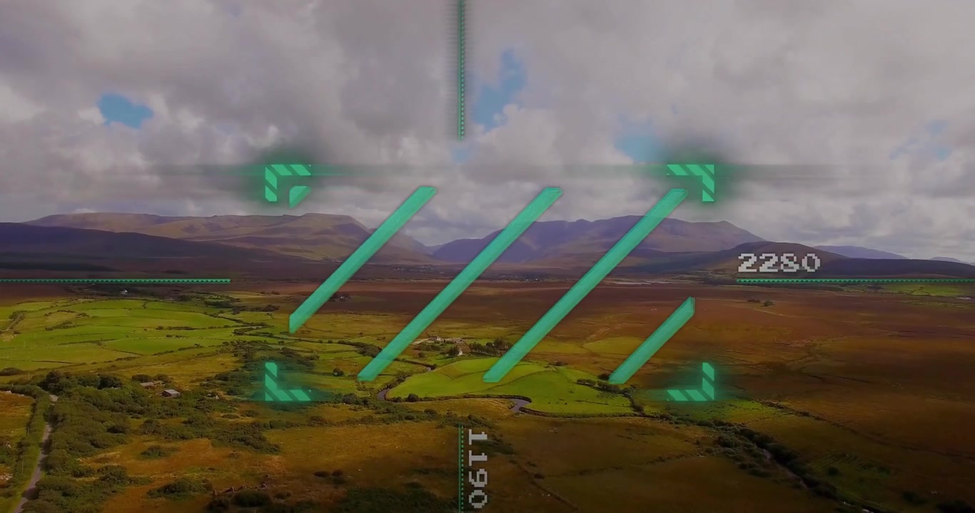 Digitalt grensesnittoverlegg med data og grønn grafikk i en animasjon av luftlandskap.
