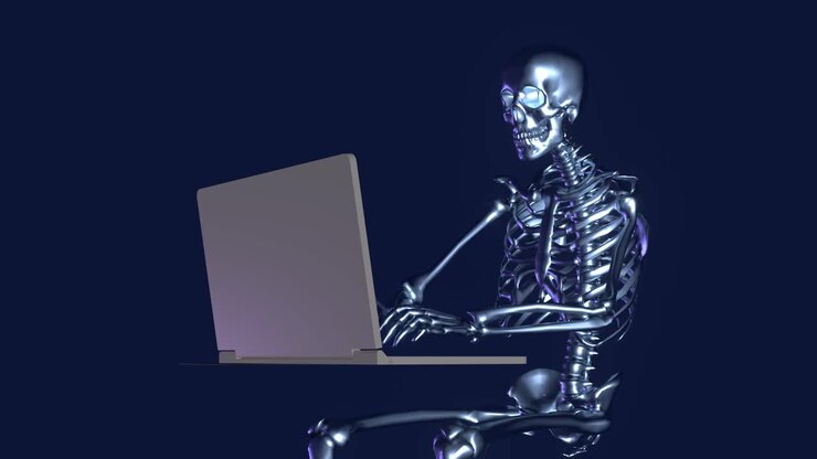 Skeleton with computer-working-busy. -skull