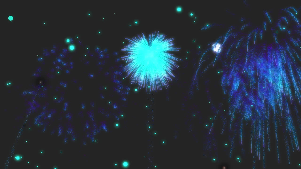 animación de luces azules brillantes con navidades azules y fuegos artificiales de año nuevo que explotan en el cielo nocturno