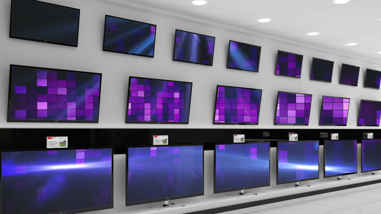 여러 텔레비전의 스크린에서 동기화 된 비디오를 재생 하는 전자 제품 상점의 내부