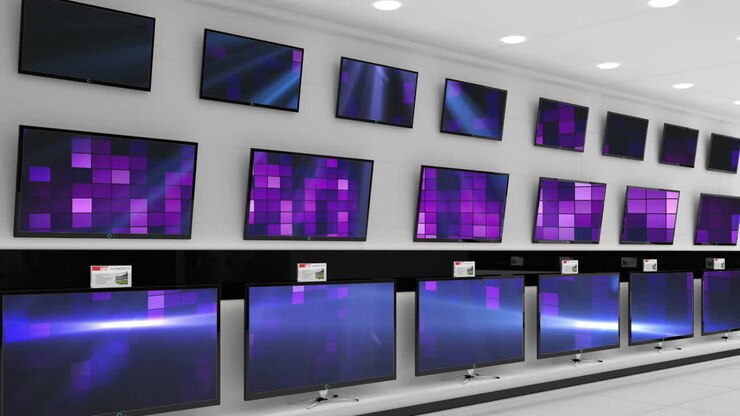 Interiør i en elektronikbutik med synkroniseret video, der afspilles på flere tv-skærme.