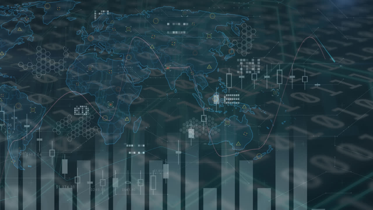 Animation of data processing with world map on black background