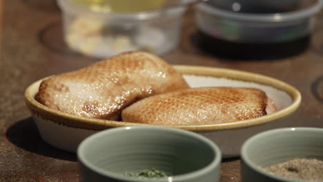 pieces of roasted turkey breast served on the restaurant table