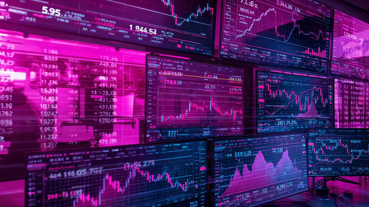 Panning camera revealing flat-screen monitors at trading office showing charts tracking trends