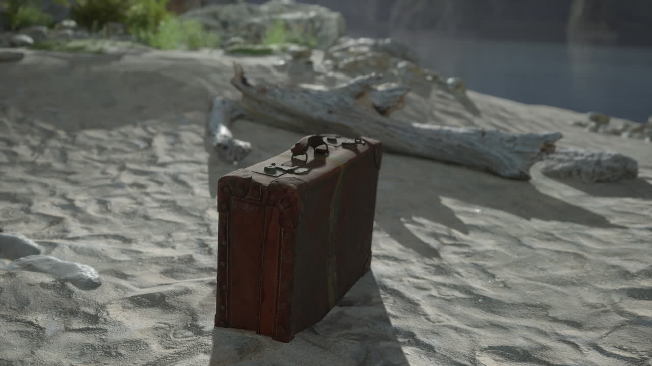 모래 해변 에 버려진 빈티지 가방