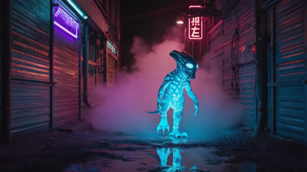 Neon Alien in Urban Alleyway at Night