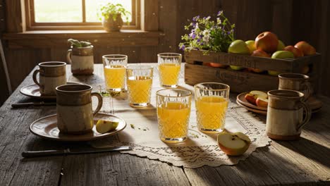 a cozy gathering around a rustic table decorated with fresh apples, refreshing juices, and natural light, perfect for a relaxing moment with friends and family