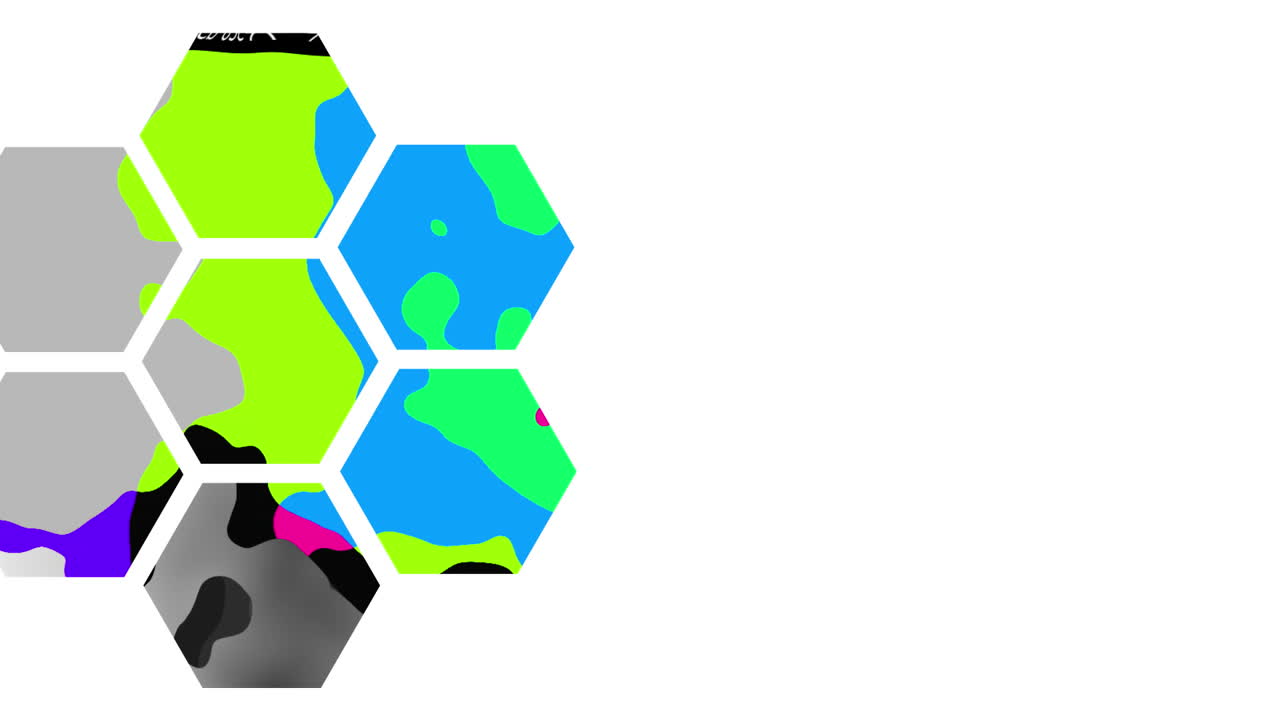 animación de manchas coloridas en movimiento en hexágonos sobre fondo blanco