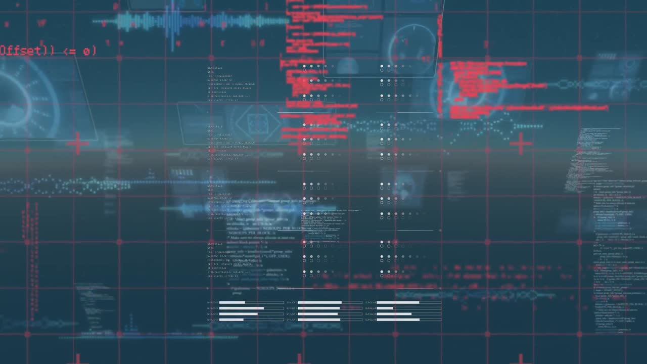 Animation of data processing and digital screens on blue background