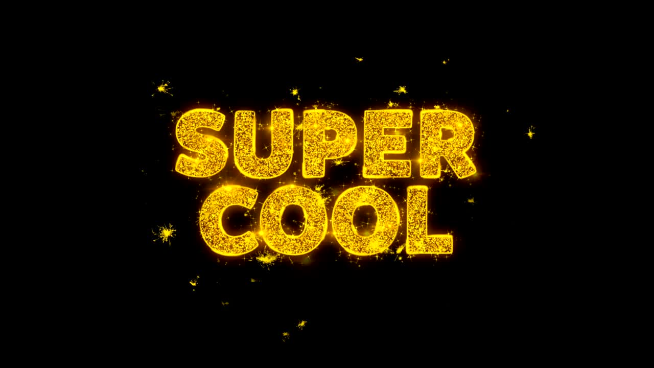 el texto súper genial hace chispas en el fondo negro.
