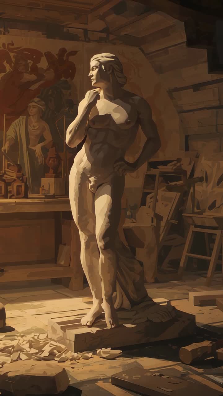 Video verticale: la camera si allontana rivelando una statua senza vestiti in studio con chip che mostrano lo stato d'animo