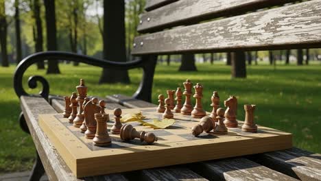 a serene afternoon chess match in the park: wooden pieces strategically placed on a checkered board under the sunlight surrounded by lush green trees