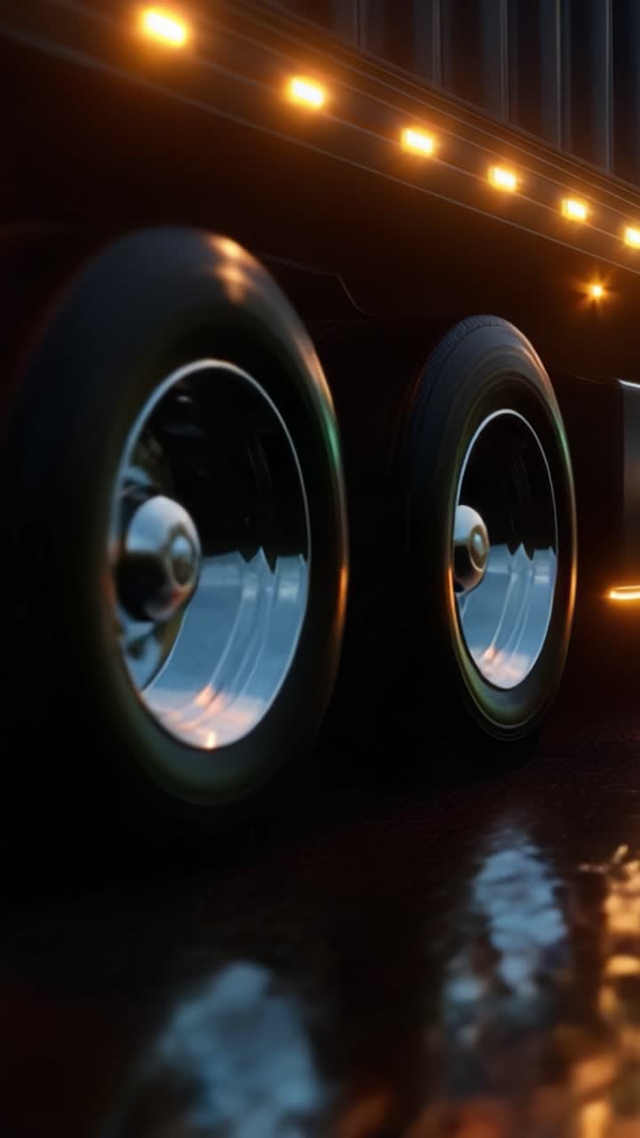 Close-Up View of Truck Wheels Illuminated by Dazzling Lights on a Wet Surface, Highlighting the Reflections and Details in a Dusk Setting