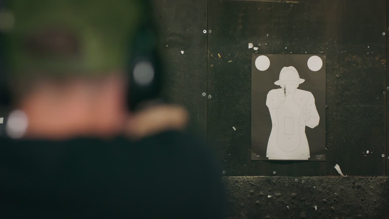 귀 보호기를 착용 한 미중화 된 남자가 권총을 겨냥하고 실내 사격장에서 목표물을 향해 총을 는 후면 시각