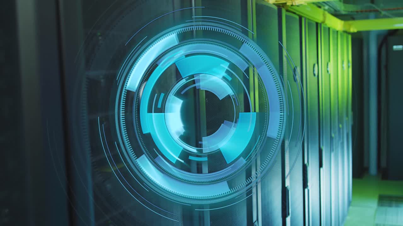 animación del escaneo del alcance y el procesamiento de datos sobre la sala del servidor