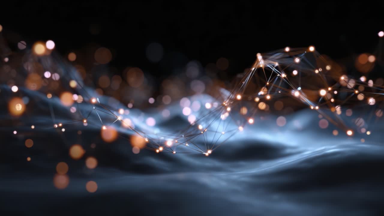 Visualizzazione astratta di strutture di rete luminose intrecciate con luci delicate, che crea un senso coinvolgente e immersivo di profondità e fluidità in un ambiente etereo