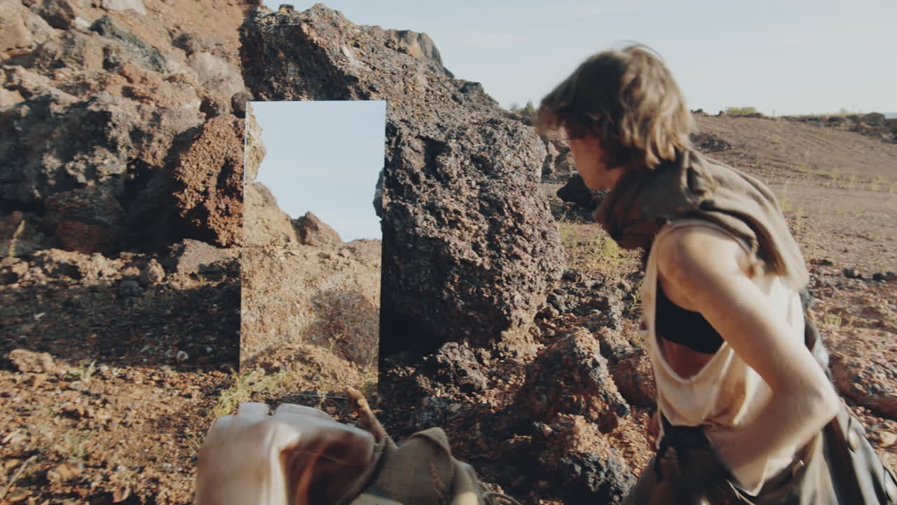 포스트 아포칼립스 세계에서 카트를 밀고 거울을 보는 여자