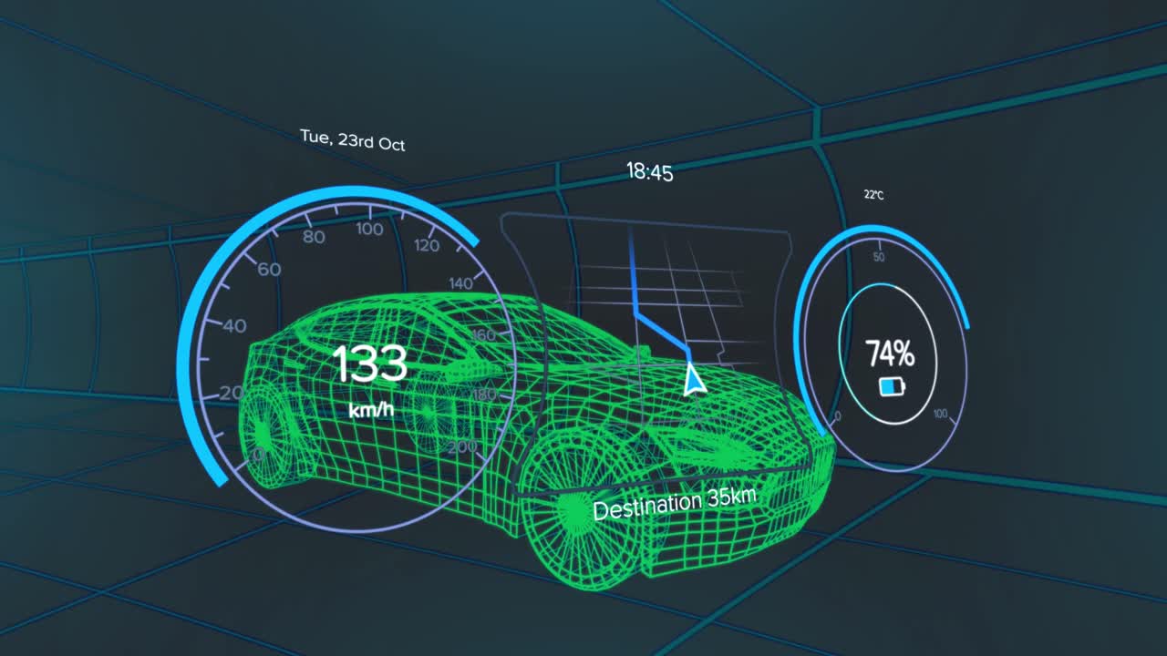 animación de un modelo 3d de coche con interfaz digital y procesamiento de datos