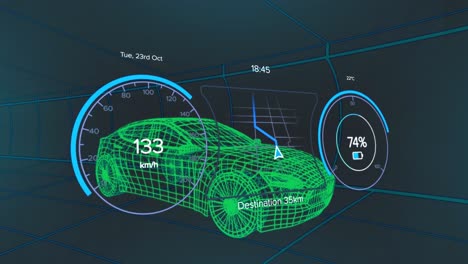 animation of 3d model of car with digital interface and data processing