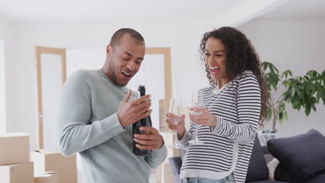 pareja amorosa rodeada de cajas celebrando mudarse a una nueva casa con champán
