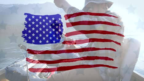 animation of american flag waving over man in the background
