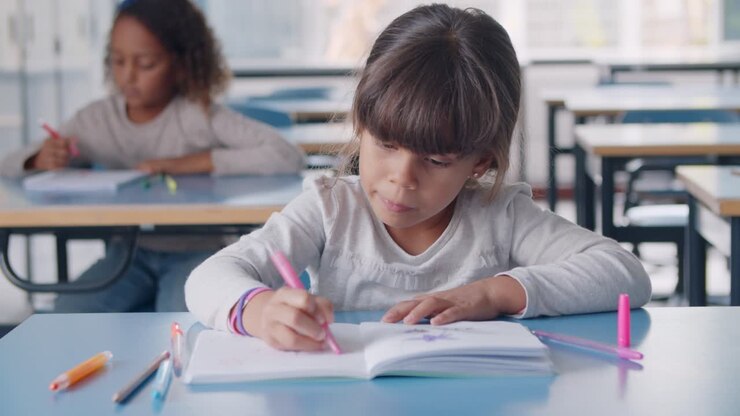 Alumna latina de primaria concentrada usando un marcador de color