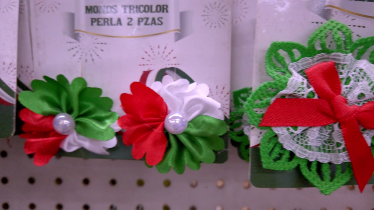 Close-up of traditional Mexican decorative accessories in red, white and green for national festivities.