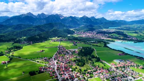 Panorama-from-the-air-Forggensee-and-Schwangau,-Germany,-Bavaria