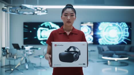 a young woman holds a virtual reality headset box while standing in a modern facility. high-tech displays illuminate the space as she prepares for a demonstration.