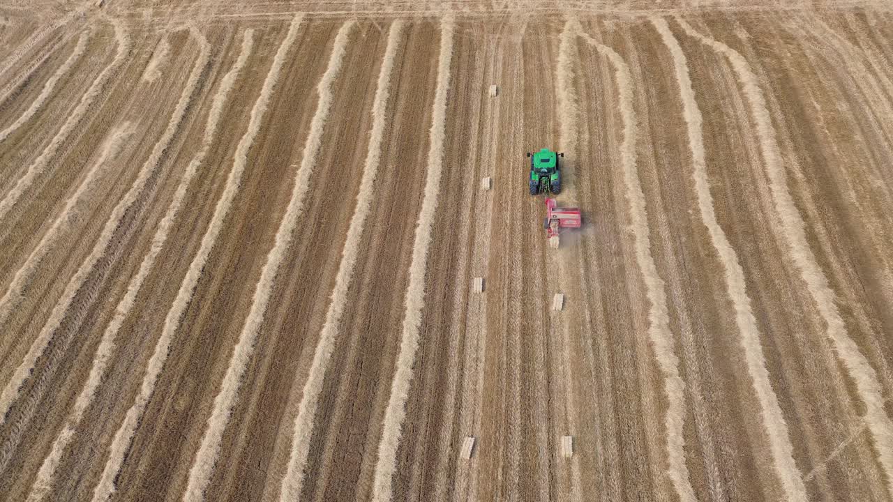 Hay collecting tractor harvest season rural village life agriculture field, aerial drone