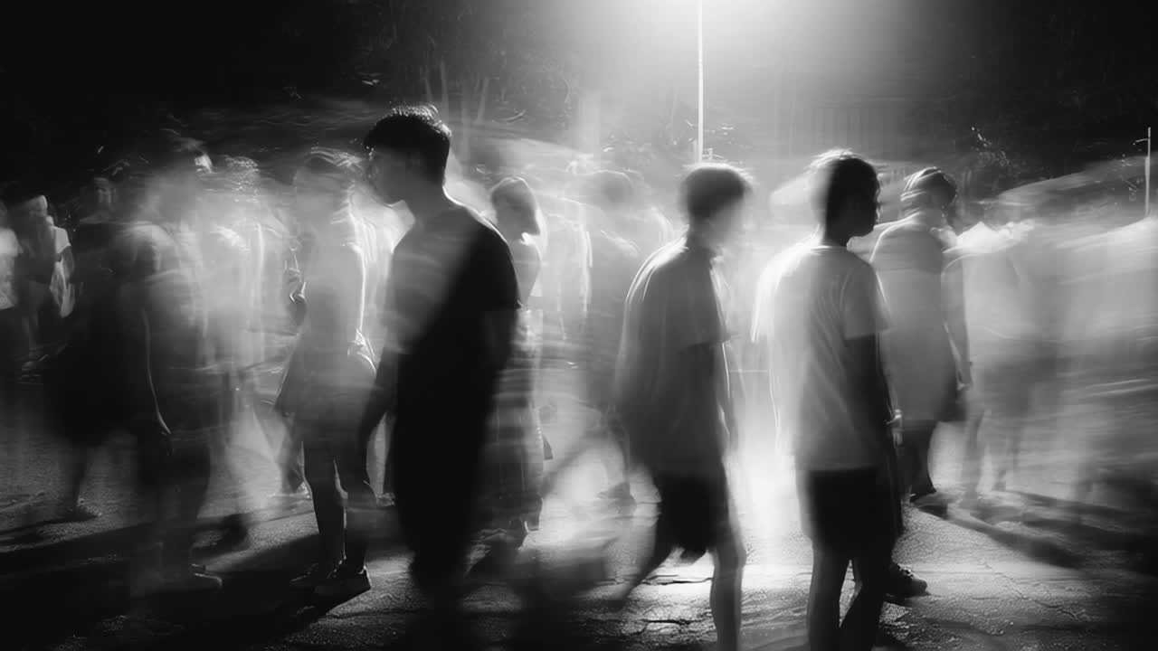Nighttime stroll group of people in white clothes walking down street under streetlamp's glow