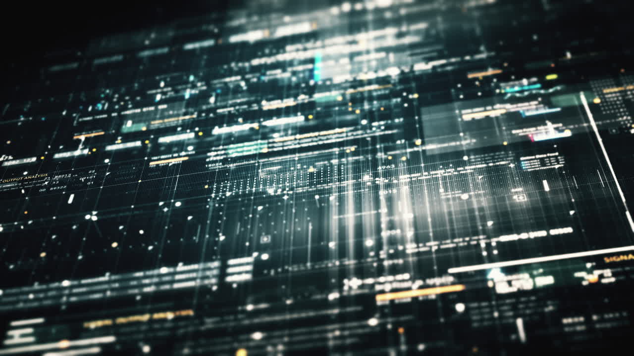 Advance data matrix, telemetry and encrypt numbers simulation user interface display in cyber space abstract de-focus environment background