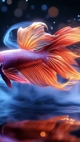 Colorful goldfish in water. A goldfish swims in blue and orange water, with sparkling light effects creating a magical atmosphere.