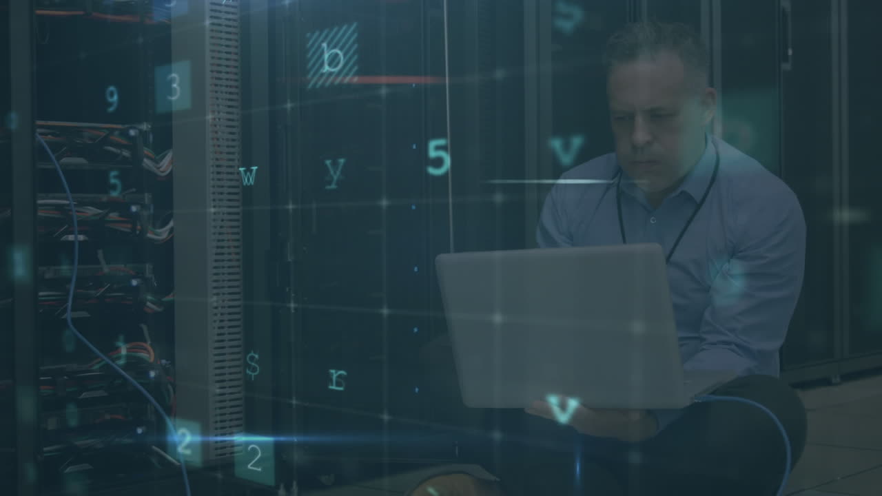 Stresset mand mediterer i et computerserverrum med bevægelige datasikkerhedsmeddelelser