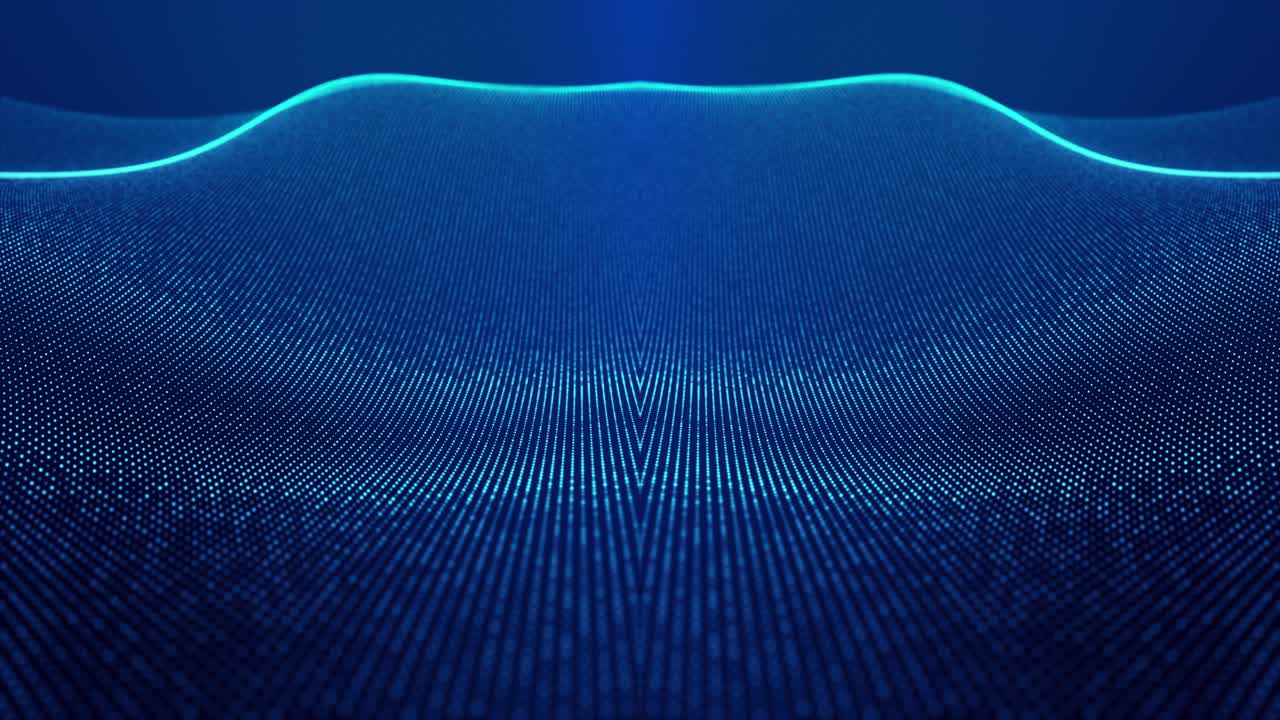 Sci-fi abstract theme with particle mirror waves. 4k looped abstract blue background of glow particles form curved lines, surfaces simmetrical structures. Digital bg with particle hologram.