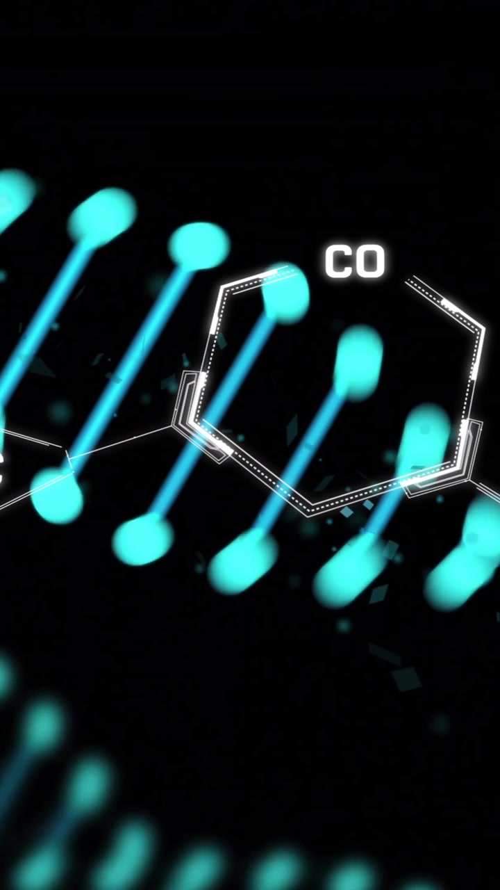 Animazione di struttura chimica e filamento di DNA su sfondo nero