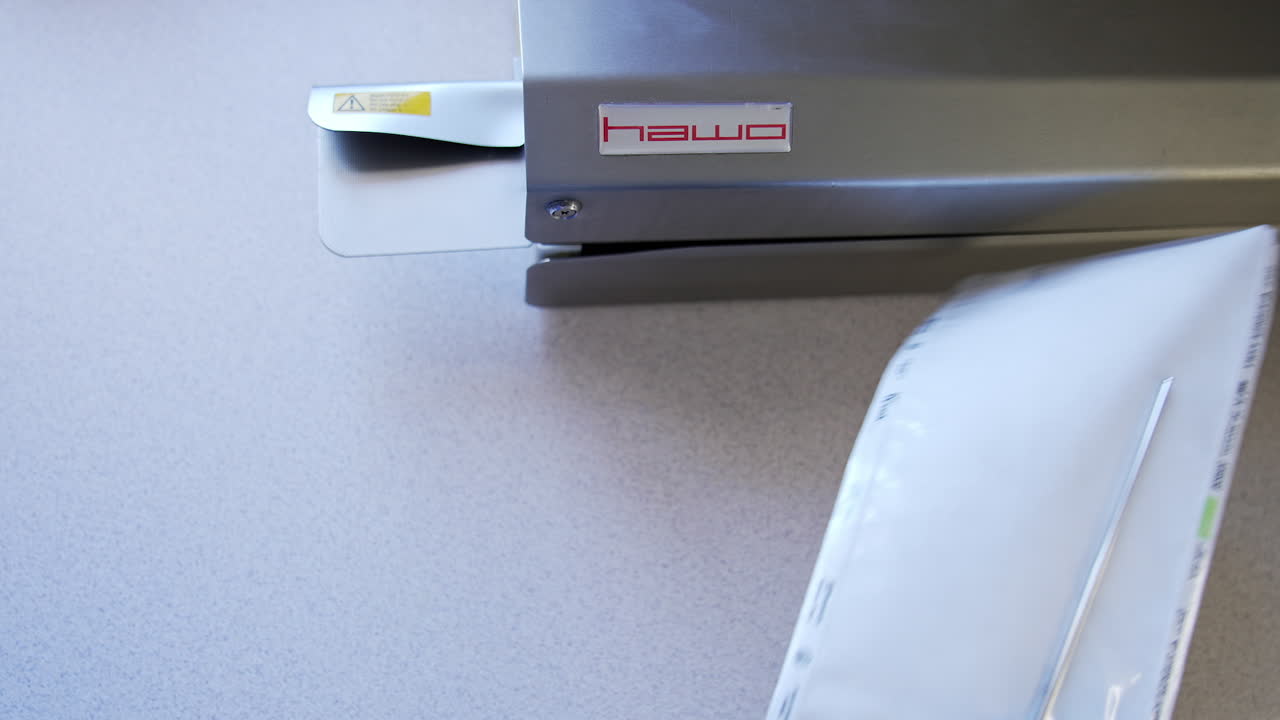 Long metal tool packed into the plastic bag in the gloved hands of medic. Nurse places the bag into equipment for sealing.