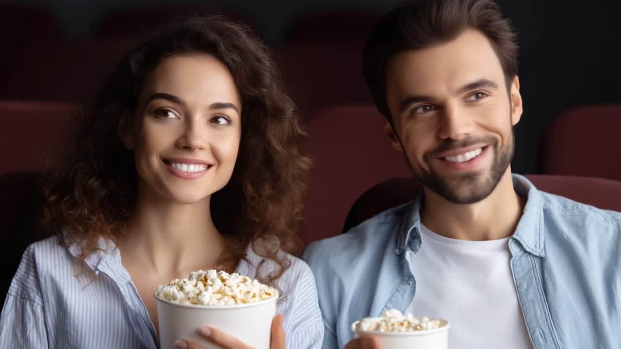 A Joyful Movie Experience: A Happy Couple Enjoying Popcorn Together in a Cozy Cinema Setting, Sharing Laughter and Anticipation for the Film Ahead